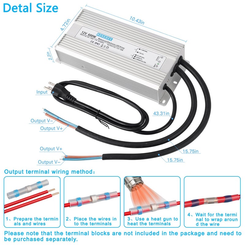 KEKEBEE LED Driver 12V600W Waterproof Power Supply 110V/130V AC to 12V DC 50A Low Voltage Transformer IP67 Hotel Exterior Wall Landscape Light LED Light with Spotlight Switch Power Supply - Image 5